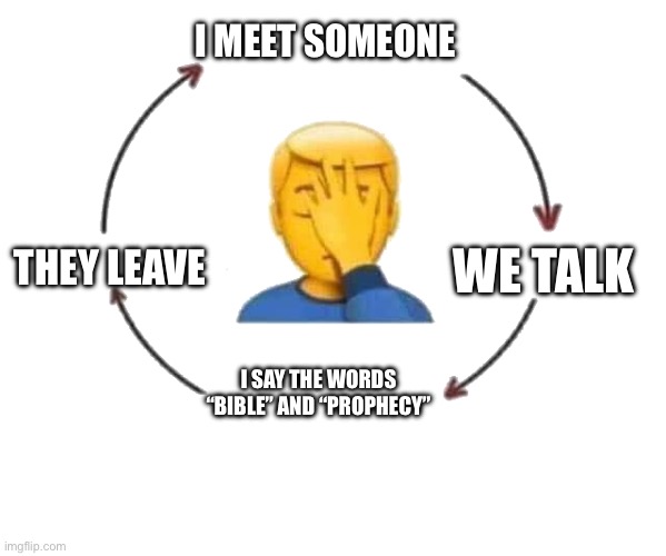 I Meet Someone, We Talk, They Leave | I MEET SOMEONE; WE TALK; THEY LEAVE; I SAY THE WORDS “BIBLE” AND “PROPHECY” | image tagged in i meet someone we talk they leave | made w/ Imgflip meme maker