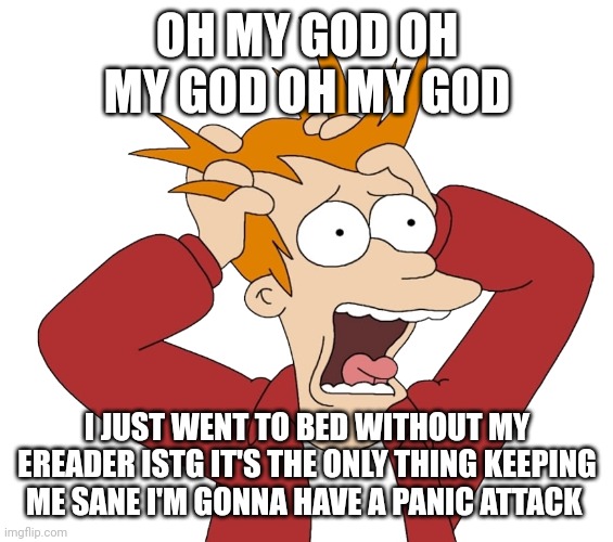 FRY PANIC | OH MY GOD OH MY GOD OH MY GOD; I JUST WENT TO BED WITHOUT MY EREADER ISTG IT'S THE ONLY THING KEEPING ME SANE I'M GONNA HAVE A PANIC ATTACK | image tagged in fry panic | made w/ Imgflip meme maker