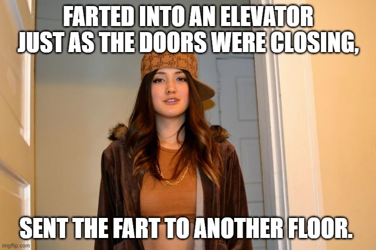 Scumbag Stephanie  | FARTED INTO AN ELEVATOR JUST AS THE DOORS WERE CLOSING, SENT THE FART TO ANOTHER FLOOR. | image tagged in scumbag stephanie | made w/ Imgflip meme maker