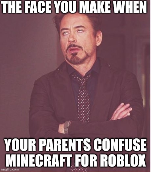 Face You Make Robert Downey Jr Meme | THE FACE YOU MAKE WHEN; YOUR PARENTS CONFUSE MINECRAFT FOR ROBLOX | image tagged in memes,face you make robert downey jr | made w/ Imgflip meme maker