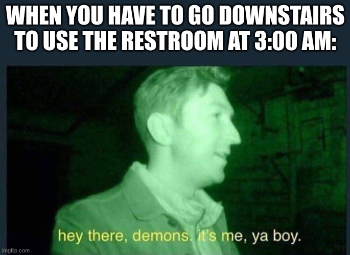 hey there , demons it's me , ya boy. | WHEN YOU HAVE TO GO DOWNSTAIRS TO USE THE RESTROOM AT 3:00 AM: | image tagged in hey there demons it's me ya boy | made w/ Imgflip meme maker