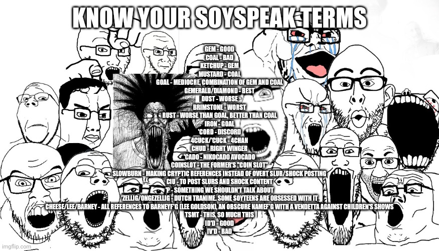 Know your soyspeak terms! | KNOW YOUR SOYSPEAK TERMS; GEM - GOOD
COAL - BAD
KETCHUP - GEM
MUSTARD - COAL
GOAL - MEDIOCRE, COMBINATION OF GEM AND COAL
GEMERALD/DIAMOND - BEST
DUST - WORSE
BRIMSTONE - WORST
RUST - WORSE THAN GOAL, BETTER THAN COAL
IRON - GOAL
'CORD - DISCORD
4CUCK/'CUCK - 4CHAN
CHUD - RIGHT WINGER
'CADO - NIKOCADO AVOCADO
COINSLOT - THE FORMER'S "COIN SLOT"
SLOWBURN - MAKING CRYPTIC REFERENCES INSTEAD OF OVERT SLUR/SHOCK POSTING
CIU - TO POST SLURS AND SHOCK CONTENT
'P - SOMETHING WE SHOULDN'T TALK ABOUT
'ZELLIG/ONGEZELLIG - DUTCH TRANIME. SOME SOYTEENS ARE OBSESSED WITH IT
CHEESE/LEE/BARNEY - ALL REFERENCES TO BARNEYF*G (LEE GOLDSON), AN OBSCURE NAMEF*G WITH A VENDETTA AGAINST CHILDREN'S SHOWS
TSMT - THIS, SO MUCH THIS
ID'D - GOOD
IV'D - BAD | image tagged in soyjak,language | made w/ Imgflip meme maker