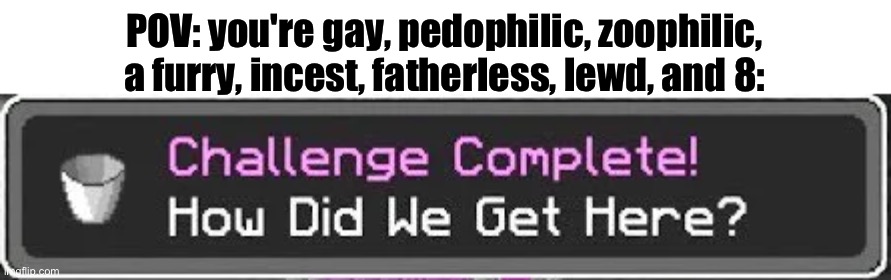 how did we get here | POV: you're gay, pedophilic, zoophilic, a furry, incest, fatherless, lewd, and 8: | image tagged in how did we get here | made w/ Imgflip meme maker