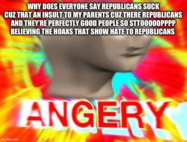 JUST STOP | WHY DOES EVERYONE SAY REPUBLICANS SUCK CUZ THAT AN INSULT TO MY PARENTS CUZ THERE REPUBLICANS AND THEY’RE PERFECTLY GOOD PEOPLE SO STTOOOOOPPPP BELIEVING THE HOAXS THAT SHOW HATE TO REPUBLICANS | image tagged in surreal angery | made w/ Imgflip meme maker