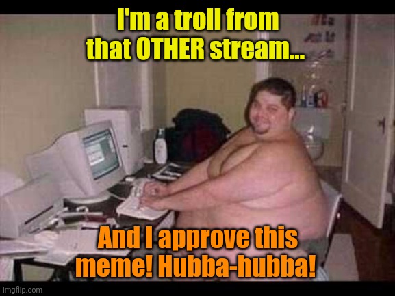 Basement Troll | I'm a troll from that OTHER stream... And I approve this meme! Hubba-hubba! | image tagged in basement troll | made w/ Imgflip meme maker