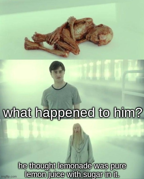 lemonade | what happened to him? he thought lemonade was pure lemon juice with sugar in it. | image tagged in dead baby voldemort / what happened to him,harry potter | made w/ Imgflip meme maker
