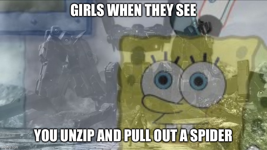 Reaction | GIRLS WHEN THEY SEE; YOU UNZIP AND PULL OUT A SPIDER | image tagged in spongebob collective consciousness,girls,spider,zipper | made w/ Imgflip meme maker