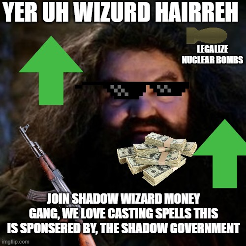 SHADOW WIZARD MONEY GANG | YER UH WIZURD HAIRREH; LEGALIZE NUCLEAR BOMBS; JOIN SHADOW WIZARD MONEY GANG, WE LOVE CASTING SPELLS THIS IS SPONSERED BY, THE SHADOW GOVERNMENT | image tagged in you're a wizard harry | made w/ Imgflip meme maker