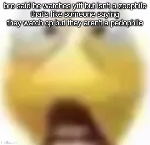 then they get surprised when I permaban them | bro said he watches yiff but isn't a zoophile
that's like someone saying they watch cp but they aren't a pedophile | image tagged in shocked | made w/ Imgflip meme maker