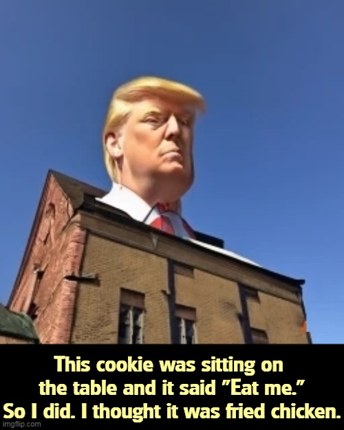 This cookie was sitting on 
the table and it said "Eat me."
So I did. I thought it was fried chicken. | image tagged in trump,big head,greedy,fried chicken,kentucky fried chicken,alice in wonderland | made w/ Imgflip meme maker