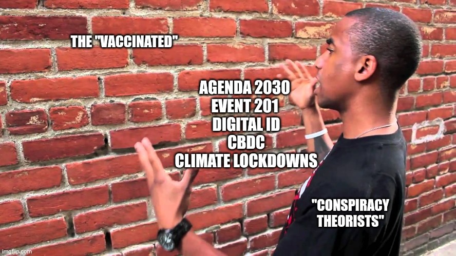 The wall | THE "VACCINATED"; AGENDA 2030 
EVENT 201 
DIGITAL ID
CBDC
CLIMATE LOCKDOWNS; "CONSPIRACY THEORISTS" | image tagged in talking to wall | made w/ Imgflip meme maker
