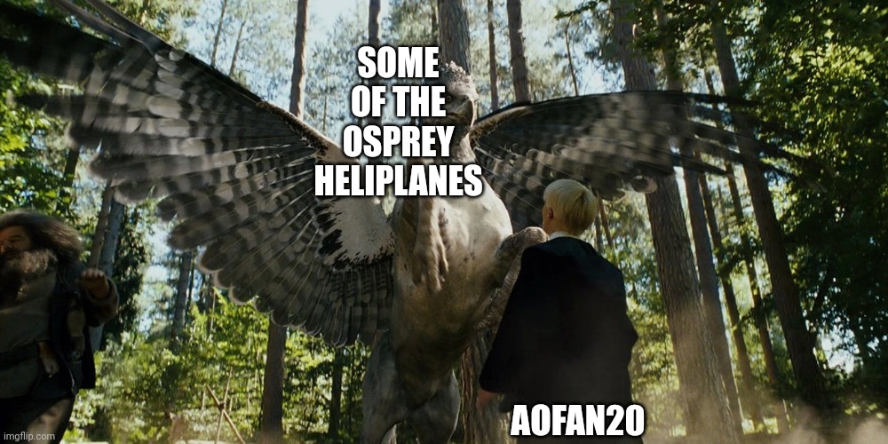 Buckbeak attacking Draco Malfoy | SOME OF THE OSPREY HELIPLANES; AOFAN20 | image tagged in buckbeak attacking draco malfoy | made w/ Imgflip meme maker