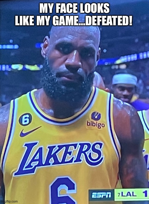 LaBitch | MY FACE LOOKS LIKE MY GAME…DEFEATED! | image tagged in labitch,lebron james crying,lebron james,lebron | made w/ Imgflip meme maker
