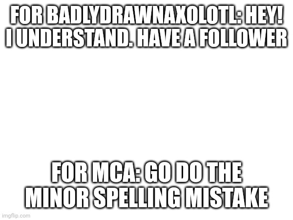 FOR BADLYDRAWNAXOLOTL: HEY! I UNDERSTAND. HAVE A FOLLOWER; FOR MCA: GO DO THE MINOR SPELLING MISTAKE | made w/ Imgflip meme maker