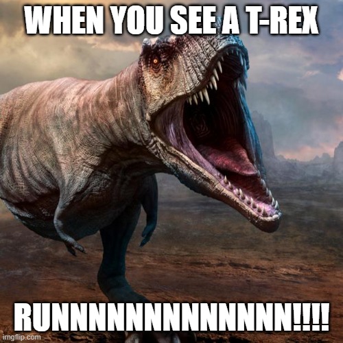 T-rex | WHEN YOU SEE A T-REX; RUNNNNNNNNNNNNN!!!! | image tagged in dinosaurs | made w/ Imgflip meme maker