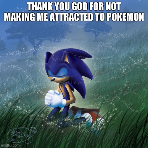 praying sonic | THANK YOU GOD FOR NOT MAKING ME ATTRACTED TO POKEMON | image tagged in praying sonic | made w/ Imgflip meme maker