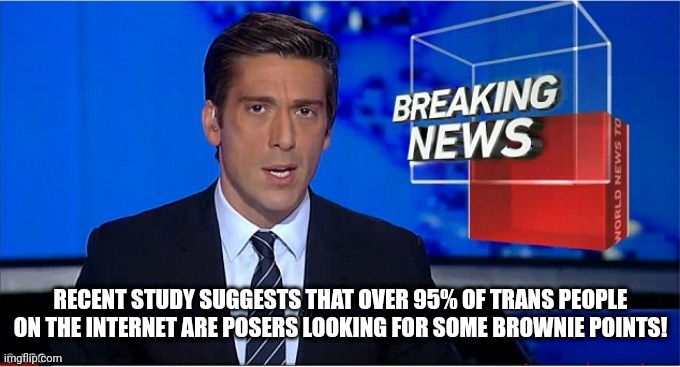 newscast | RECENT STUDY SUGGESTS THAT OVER 95% OF TRANS PEOPLE ON THE INTERNET ARE POSERS LOOKING FOR SOME BROWNIE POINTS! | image tagged in newscast | made w/ Imgflip meme maker