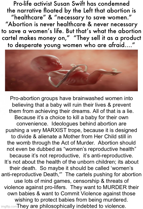 Dang.  A Lot of reading, for a Little life | Pro-life activist Susan Swift has condemned

the narrative floated by the Left that abortion is
“healthcare” & “necessary to save women.”

“Abortion is never healthcare & never necessary
to save a women’s life. But that’s what the abortion
cartel makes money on,”  “They sell it as a product
to desperate young women who are afraid….”; Pro-abortion groups have brainwashed women into
believing that a baby will ruin their lives & prevent
them from achieving their dreams. All of that is a lie.

Because it’s a choice to kill a baby for their own

convenience.  Ideologues behind abortion are
pushing a very MARXIST trope, because it is designed
to divide & alienate a Mother from Her Child still in
the womb through the Act of Murder.  Abortion should
not even be dubbed as “women’s reproductive health”
because it’s not reproductive,  it’s anti-reproductive.
It’s not about the health of the unborn children; its about
their death.  So maybe it should be called ‘women’s
anti-reproductive Death,'”  The cartels pushing for abortion
use lots of mind games, censorship & threats of
violence against pro-lifers.  They want to MURDER their
own babies & want to Commit Violence against those
wishing to protect babies from being murdered.
They are philosophically indebted to violence. | image tagged in memes,reeding is hard,show me pixures,i dont like to think,rather have someone tell mee wut to beeleev,i like it conveenyunt | made w/ Imgflip meme maker