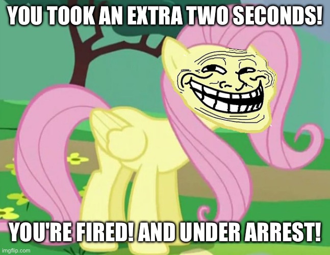 Fluttertroll | YOU TOOK AN EXTRA TWO SECONDS! YOU'RE FIRED! AND UNDER ARREST! | image tagged in fluttertroll | made w/ Imgflip meme maker