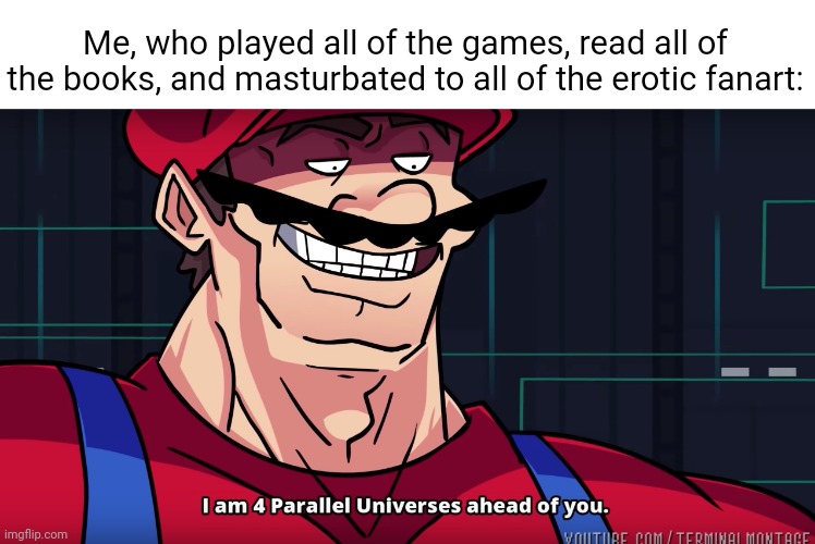 Mario I am four parallel universes ahead of you | Me, who played all of the games, read all of the books, and masturbated to all of the erotic fanart: | image tagged in mario i am four parallel universes ahead of you | made w/ Imgflip meme maker