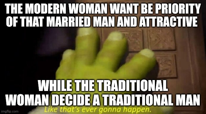 Traditional | THE MODERN WOMAN WANT BE PRIORITY OF THAT MARRIED MAN AND ATTRACTIVE; WHILE THE TRADITIONAL WOMAN DECIDE A TRADITIONAL MAN | image tagged in like that's ever gonna happen | made w/ Imgflip meme maker