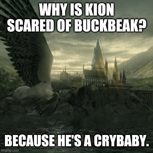 Buckbeak | WHY IS KION SCARED OF BUCKBEAK? BECAUSE HE'S A CRYBABY. | image tagged in buckbeak | made w/ Imgflip meme maker