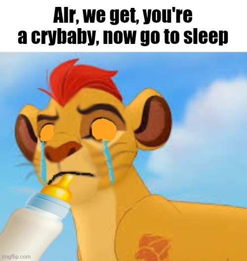i ride lions irl | Alr, we get, you're a crybaby, now go to sleep | image tagged in crying kion crybaby | made w/ Imgflip meme maker