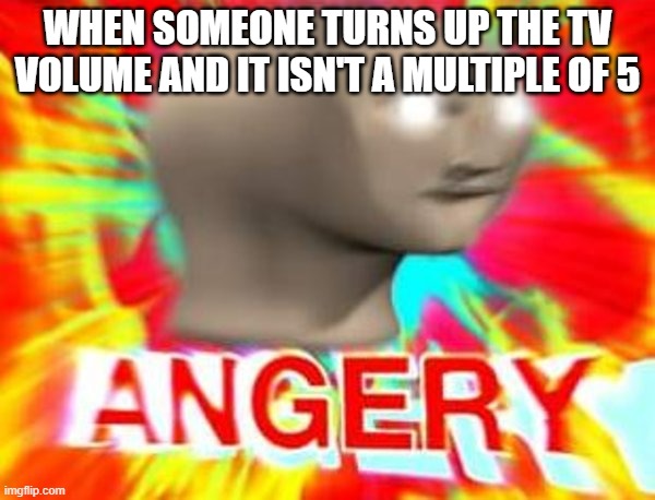 Surreal Angery | WHEN SOMEONE TURNS UP THE TV VOLUME AND IT ISN'T A MULTIPLE OF 5 | image tagged in surreal angery | made w/ Imgflip meme maker