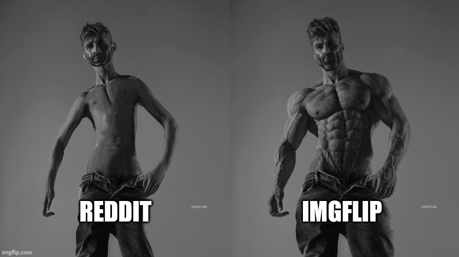 imgflip | REDDIT; IMGFLIP | image tagged in weak gigachad vs strong gigachad comparison,reddit,imgflip,imgflip better than reddit | made w/ Imgflip meme maker