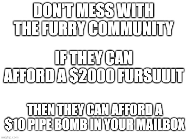 Filius agrees with this statement #notsponsored | DON'T MESS WITH THE FURRY COMMUNITY; IF THEY CAN AFFORD A $2000 FURSUUIT; THEN THEY CAN AFFORD A $10 PIPE BOMB IN YOUR MAILBOX | image tagged in furry | made w/ Imgflip meme maker