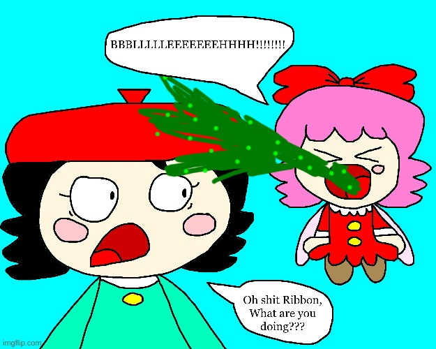 Ribbon tries to vomit on Adeleine | image tagged in comics/cartoons,kirby,fanart,funny,cute,vomit | made w/ Imgflip meme maker