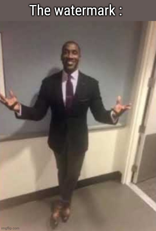 Man in suit with open arms | The watermark : | image tagged in man in suit with open arms | made w/ Imgflip meme maker