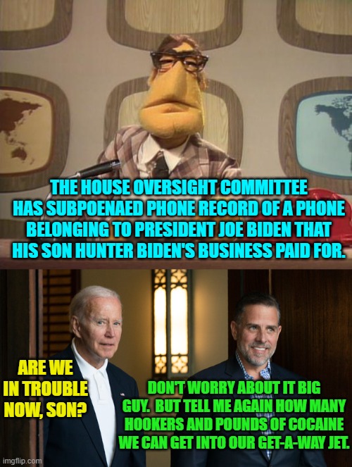 It's as if the Bidens are trying to get caught in spite of how hard the justice system is trying NOT to catch them. | THE HOUSE OVERSIGHT COMMITTEE HAS SUBPOENAED PHONE RECORD OF A PHONE BELONGING TO PRESIDENT JOE BIDEN THAT HIS SON HUNTER BIDEN'S BUSINESS PAID FOR. ARE WE IN TROUBLE NOW, SON? DON'T WORRY ABOUT IT BIG GUY.  BUT TELL ME AGAIN HOW MANY HOOKERS AND POUNDS OF COCAINE WE CAN GET INTO OUR GET-A-WAY JET. | image tagged in muppet news | made w/ Imgflip meme maker