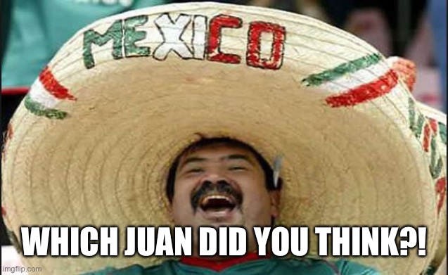 laughing mexican guy | WHICH JUAN DID YOU THINK?! | image tagged in laughing mexican guy | made w/ Imgflip meme maker