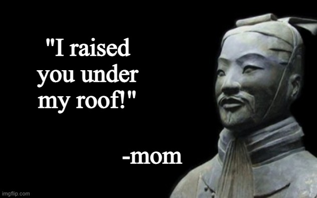 Me! | "I raised you under my roof!"; -mom | image tagged in sun tsu fake quote | made w/ Imgflip meme maker