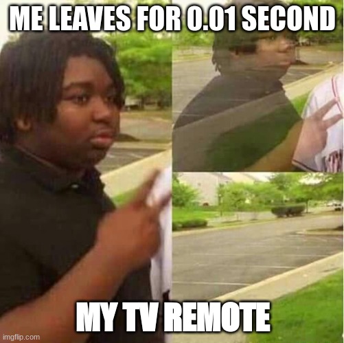 disappearing  | ME LEAVES FOR 0.01 SECOND; MY TV REMOTE | image tagged in disappearing | made w/ Imgflip meme maker