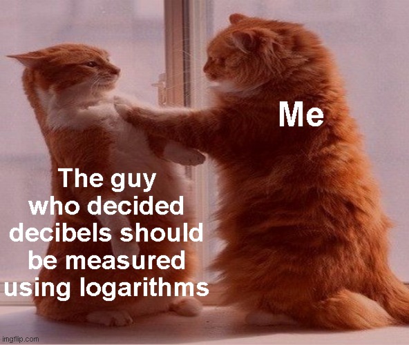 Our method of measuring sound is flawed. | Me; The guy who decided decibels should be measured using logarithms | image tagged in red screen,memes,confrontation cat,cats,decibels,sound | made w/ Imgflip meme maker