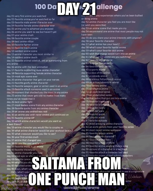 100 day anime challenge | DAY 21; SAITAMA FROM ONE PUNCH MAN | image tagged in 100 day anime challenge | made w/ Imgflip meme maker