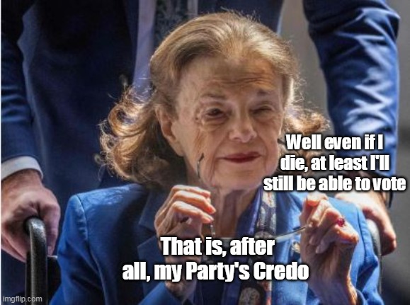 Fetterman's wife approves this meme | Well even if I die, at least I'll still be able to vote; That is, after all, my Party's Credo | image tagged in diane feinstein dead meme | made w/ Imgflip meme maker