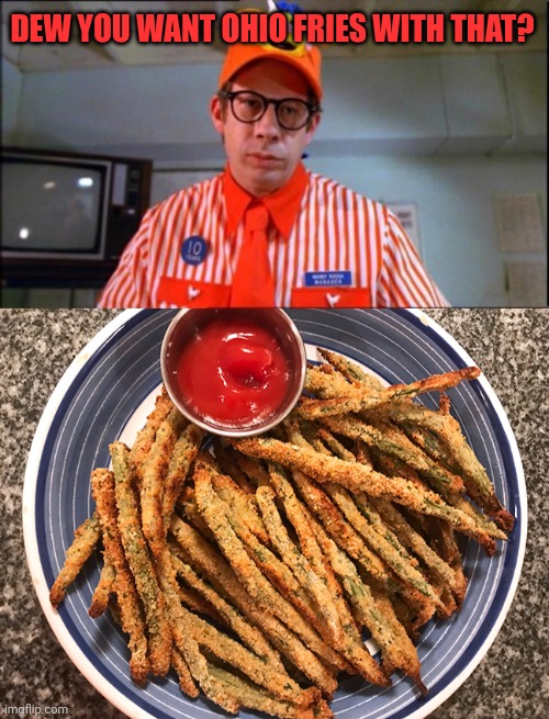 Most normal restaurant in Ohio | DEW YOU WANT OHIO FRIES WITH THAT? | image tagged in fast food worker,only in ohio,stop it get some help,french fries | made w/ Imgflip meme maker