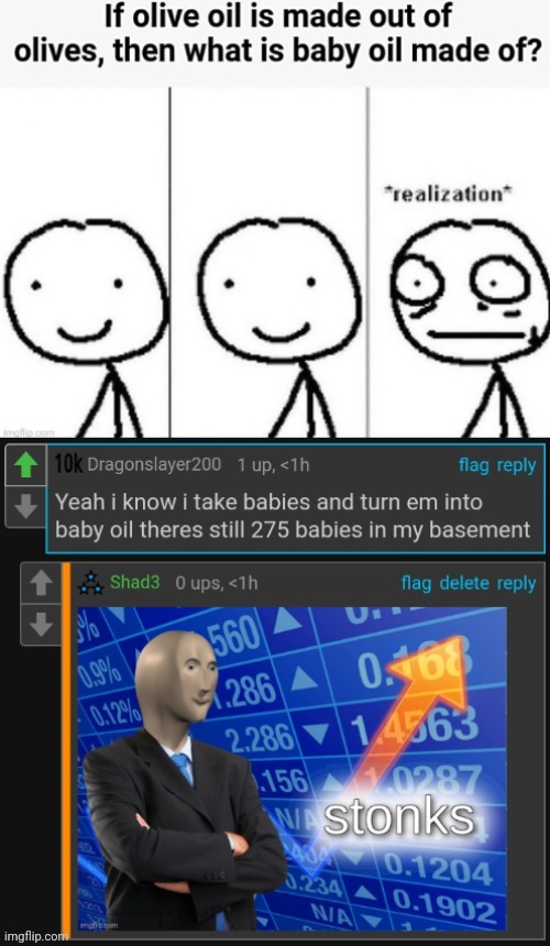 Meme #1,325 | image tagged in comments,cursed,oil,olive,babies,dark humor | made w/ Imgflip meme maker