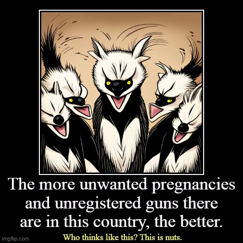 The more unwanted pregnancies and unregistered guns there are in this country, the better. | Who thinks like this? This is nuts. | image tagged in funny,demotivationals,abortion,guns,nutcase,crazy | made w/ Imgflip demotivational maker