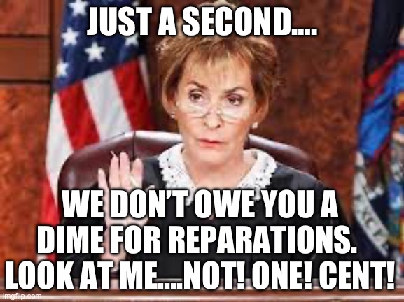 JUST A SECOND…. WE DON’T OWE YOU A DIME FOR REPARATIONS.  LOOK AT ME….NOT! ONE! CENT! | image tagged in judge judy,slavery,republicans,donald trump | made w/ Imgflip meme maker