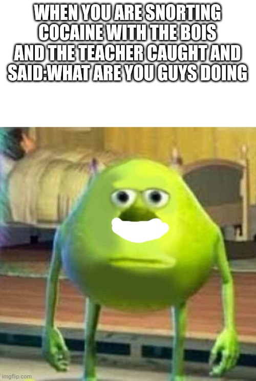 Mike wasowski sully face swap | WHEN YOU ARE SNORTING COCAINE WITH THE BOIS AND THE TEACHER CAUGHT AND SAID:WHAT ARE YOU GUYS DOING | image tagged in mike wasowski sully face swap | made w/ Imgflip meme maker