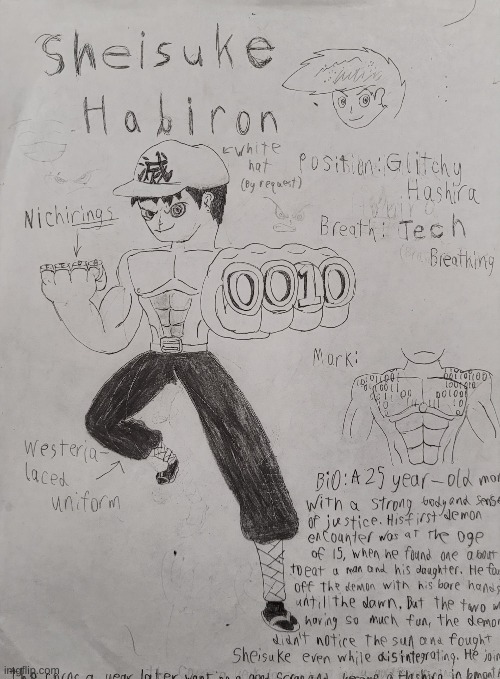 Here he is. Sheisuke Habiron: The Glitchy Hashira! Everything on this paper was thought of and drawn by me. | image tagged in anime,demon slayer,original character | made w/ Imgflip meme maker