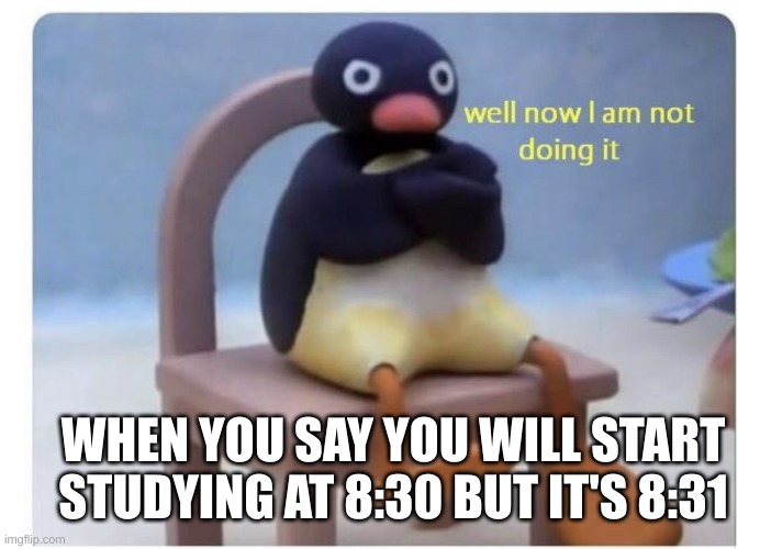 well now I am not doing it | WHEN YOU SAY YOU WILL START STUDYING AT 8:30 BUT IT'S 8:31 | image tagged in well now i am not doing it | made w/ Imgflip meme maker