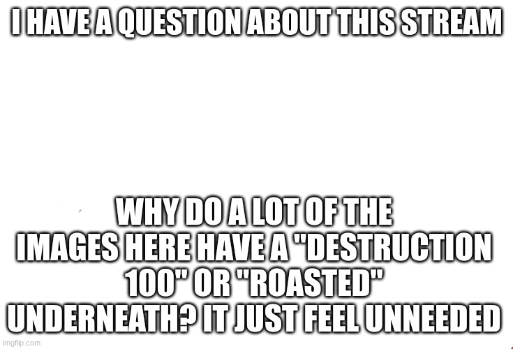 It bugs me when I see it | I HAVE A QUESTION ABOUT THIS STREAM; WHY DO A LOT OF THE IMAGES HERE HAVE A "DESTRUCTION 100" OR "ROASTED" UNDERNEATH? IT JUST FEEL UNNEEDED | image tagged in memes,x x everywhere | made w/ Imgflip meme maker