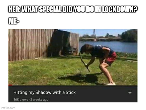 Lockdown | HER: WHAT SPECIAL DID YOU DO IN LOCKDOWN? ME- | image tagged in stick,youtube | made w/ Imgflip meme maker
