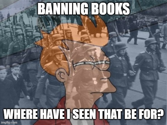 BANNING BOOKS; WHERE HAVE I SEEN THAT BE FOR? | image tagged in futurama fry,banned,books | made w/ Imgflip meme maker