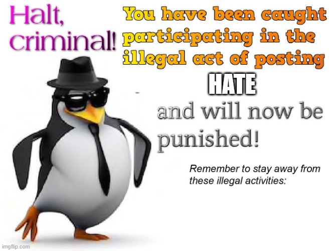 halt criminal! | HATE | image tagged in halt criminal | made w/ Imgflip meme maker